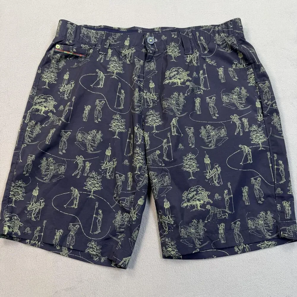 William Murray Golf Shorts Mens 34 Blue Golf Print Straight Fit Stretch